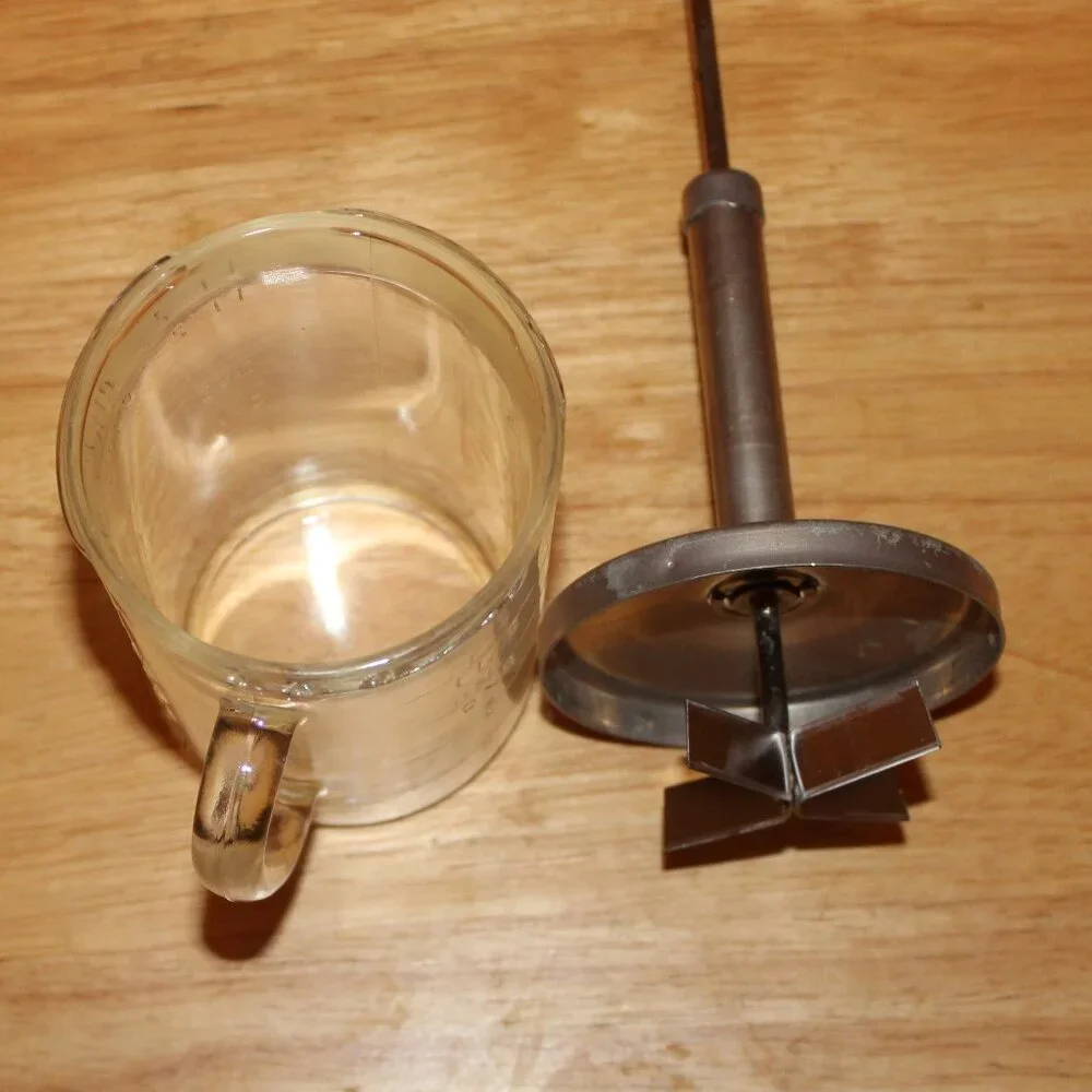 Vintage Glass Nut Food Chopper with Red Handle and Measuring Cup